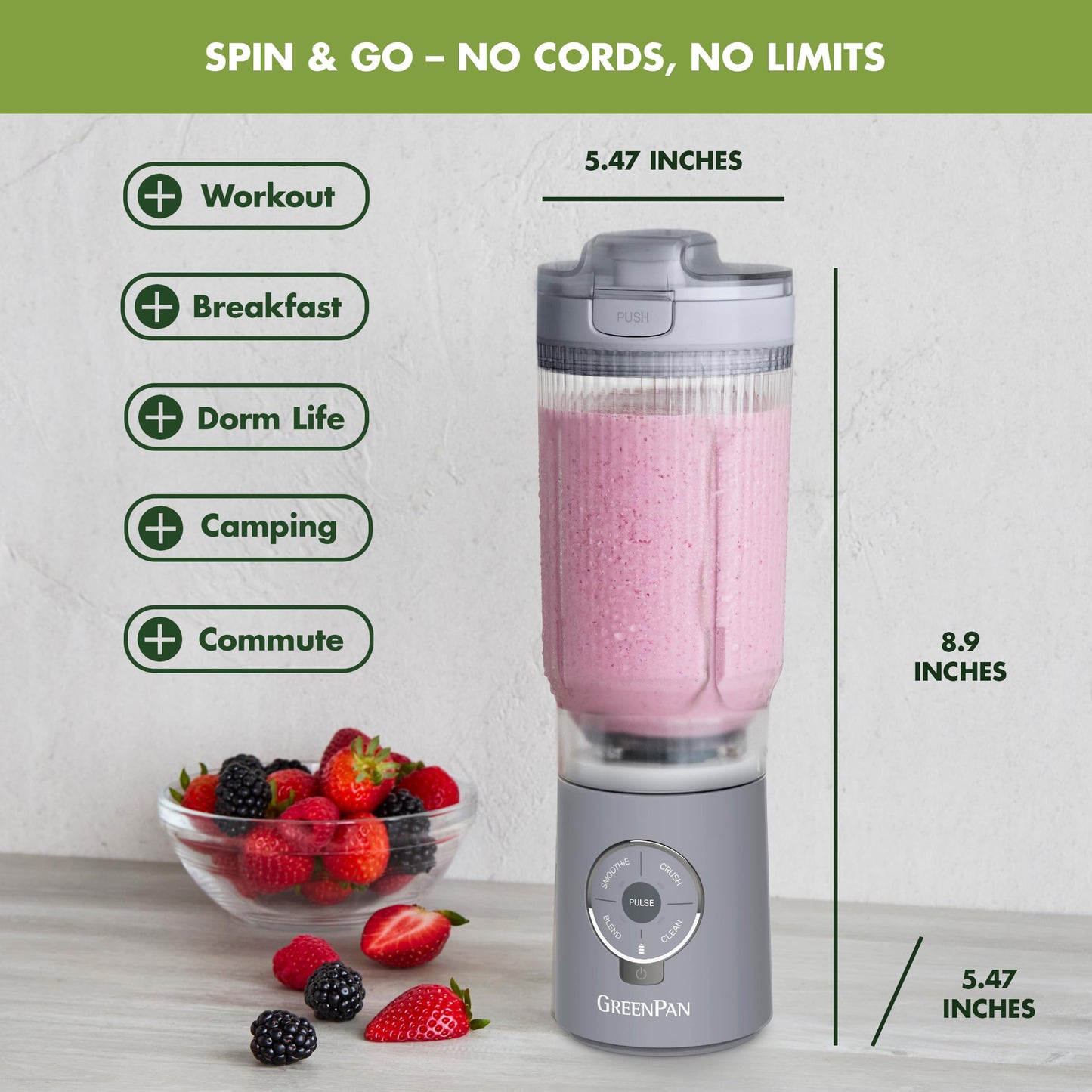 GreenPan Spin & Go Portable Blender, 24oz BPA-Free Cup, Self-Cleaning, Shakes Smoothies Juices, Crushed Ice & Frozen Fruits, Leakproof Lid, Fast Charge, Personal Handheld for Travel & Gym, Dove Gray