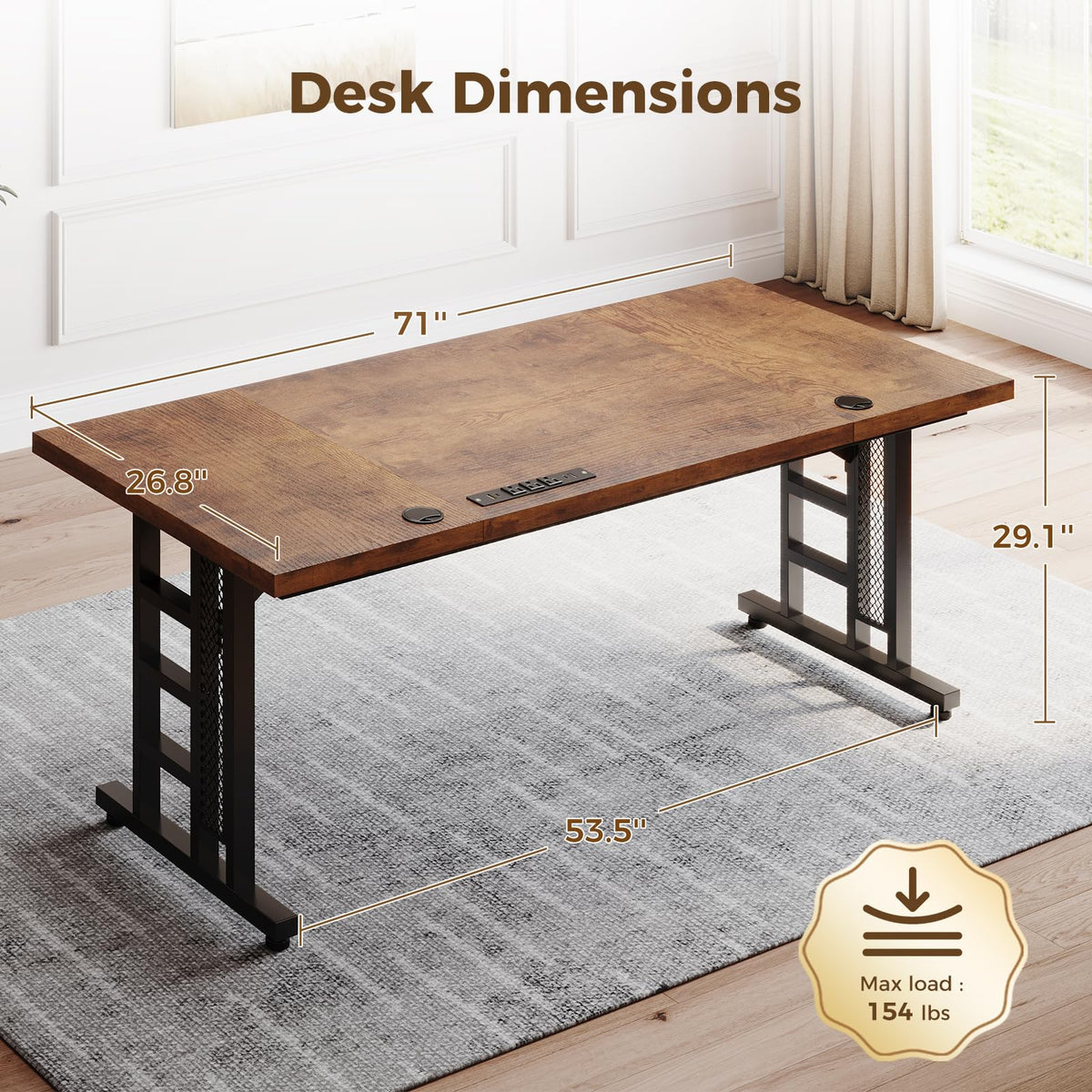 OffiGo Executive Desk, 71 Inch Office Table with Power Ports, Large Computer Desk with 3-Piece Thickened Board for Home Office, Workstation, Rustic Brown (not Adjustable)