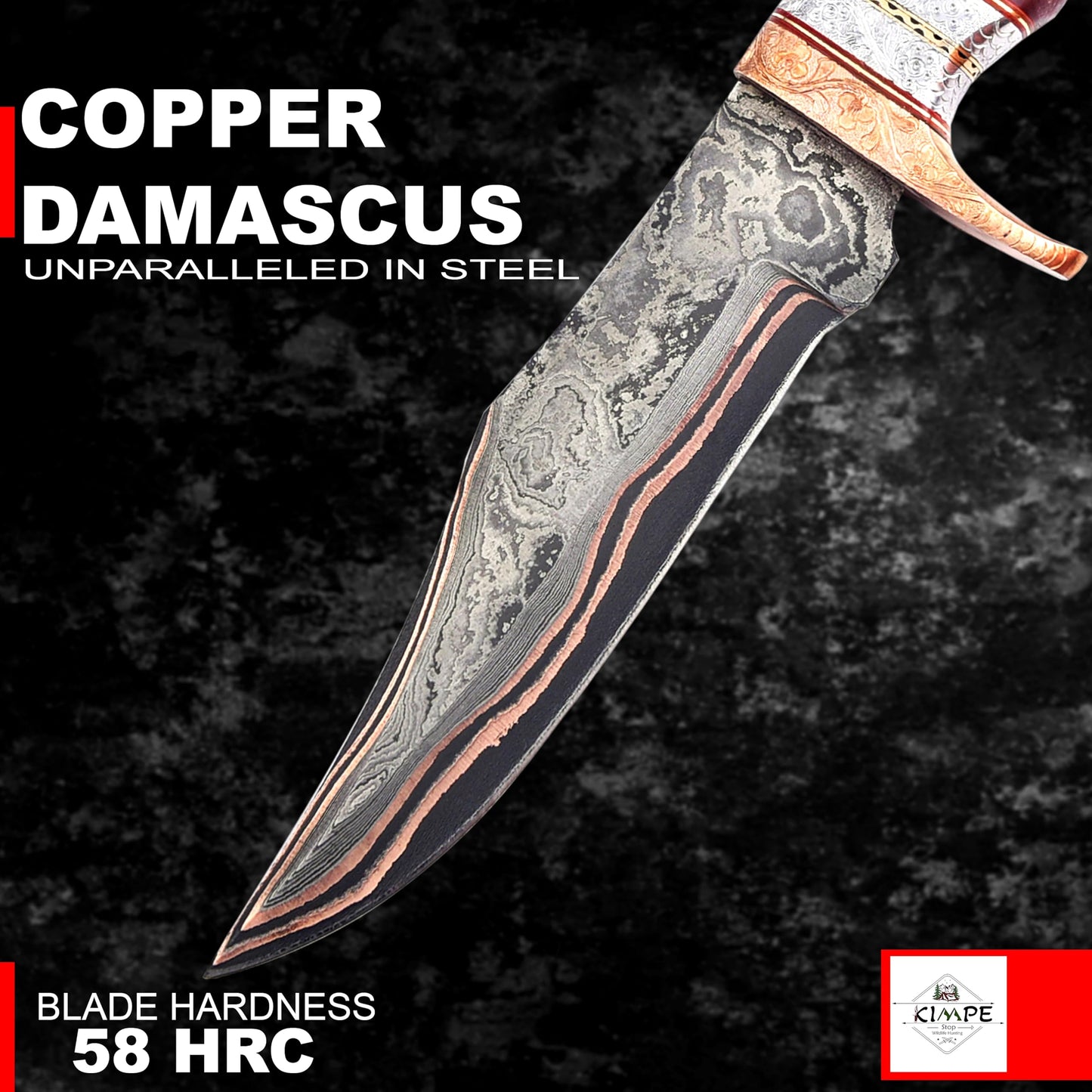 KIMPE Handmade Copper Damascus Hunting Knife – 11.5” Fixed Blade Bushcraft Knife with Engraved Guard, Resin Handle, Full Tang, Leather Sheath – Outdoor Survival, Camping & Gift Knife.