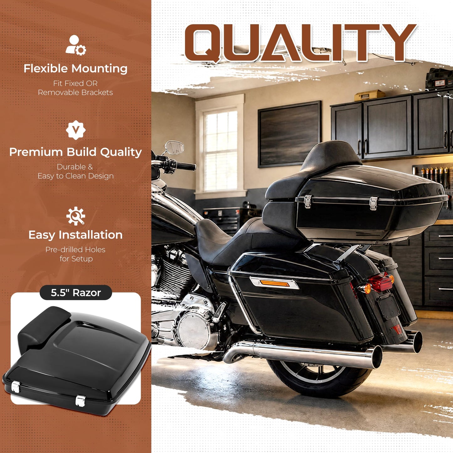 ECOTRIC 5.5" Razor Motorcycle Trunk Luggage w/Backrest Compatible with 2014-2024 Davidson Touring Models Trunk Tail Box