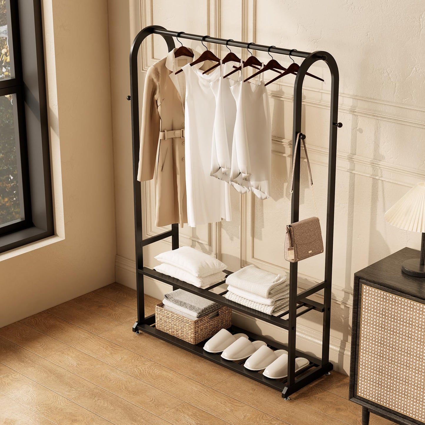 ZHBHYZ Sturdy metal clothes rack,Black freestanding clothing rack with bottom shelves and 6 side hooks,garment rack for hanging clothes,Modern wardrobe rack for Bedroom or cloakrooms