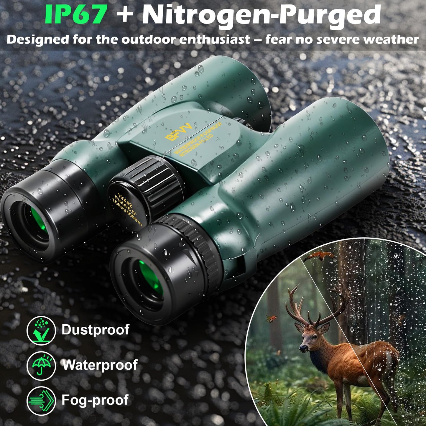 BFVV 10x42 Binoculars for Adults High Powered, IP67 Waterproof Fogproof Compact Binoculars with Low Light Vision for Bird Watching Hunting Hiking Travel Camping Cruise Sports Stargazing Gift for Men