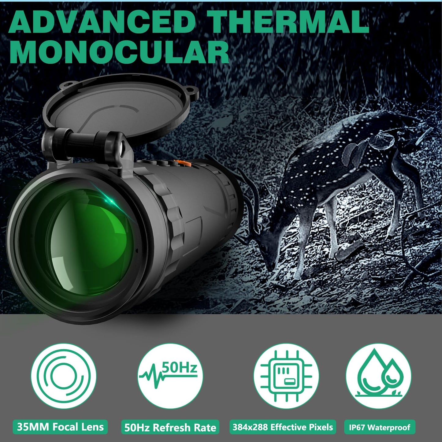 Night Vision Monocular 35mm 384x288 (50 Hz) Thermal Imaging Monoculars, 4X Digital Zoom, Detection 3620yd, 5 Mode, 7H+, No-Shutter Tech WiFi Heat Vision Infrared Imager for Hunting Camping