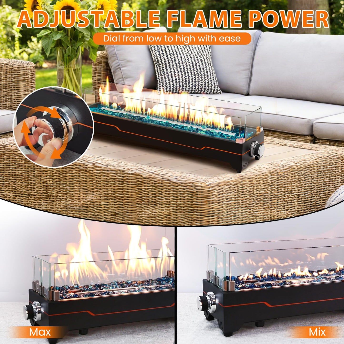 GRISUN 36" Table Top Propane Fire Pit, 50000 BTU Tabletop Gas Fire Pit, Tabletop Firepit for Patio, Outdoor Portable Fireplace, Rectangular Fire Bowl with Glass Wind Guard, Glass Beads & Cover