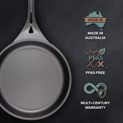 SOLIDTEKNICS 11" Outdoor Skillet Set – Naturally Seasoned Australian Iron Skillet with Stainless Steel Flipper & Mini Pan Scraper Camping Cookware for Grill, Smoker, Fire Pit & Campfire Cooking