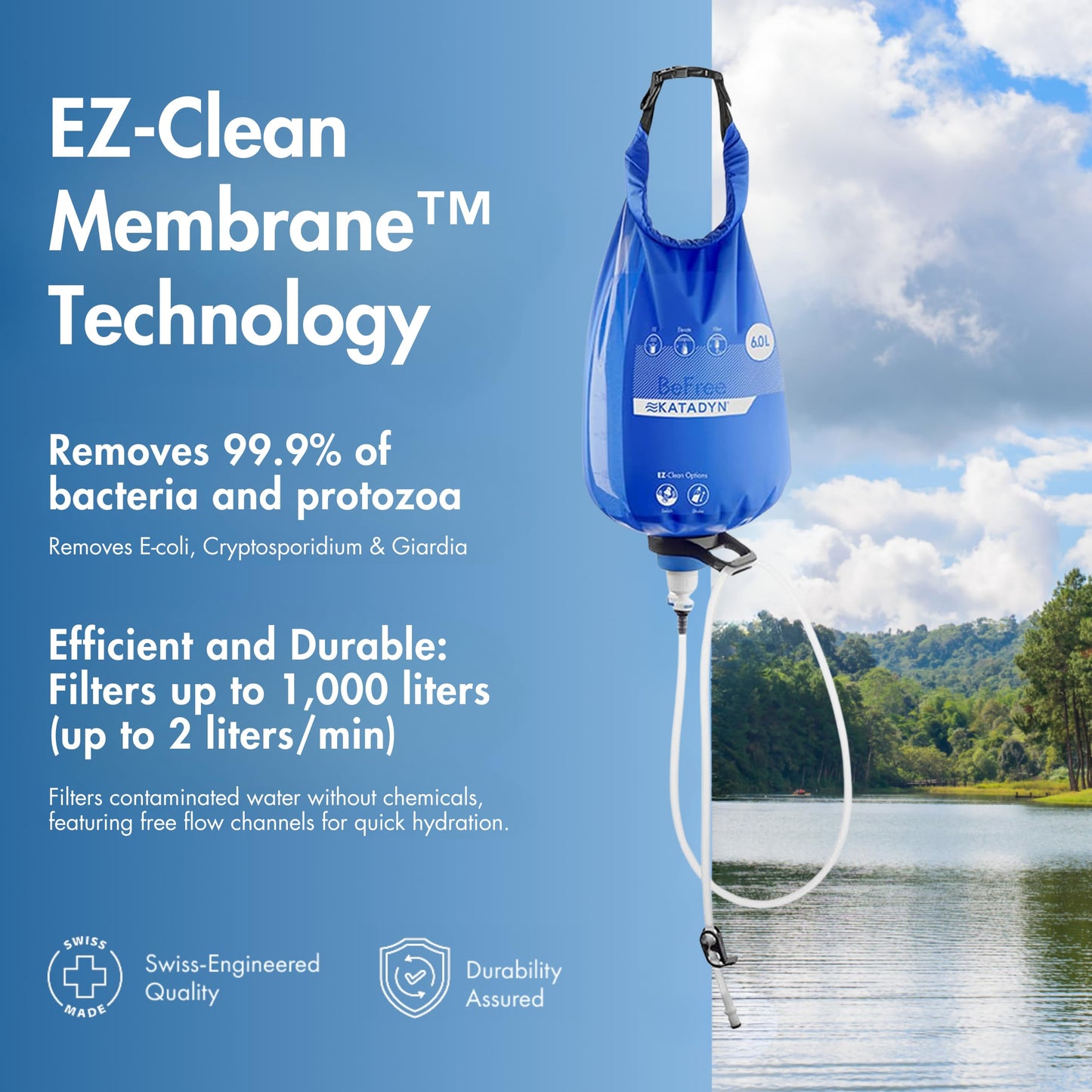 Katadyn BeFree Gravity Water Filter 6L for Camping & Group Use | 0.1 Micron Hollow Fiber Filter Removes Bacteria & Protozoa, 1,000L Capacity, BPA-Free