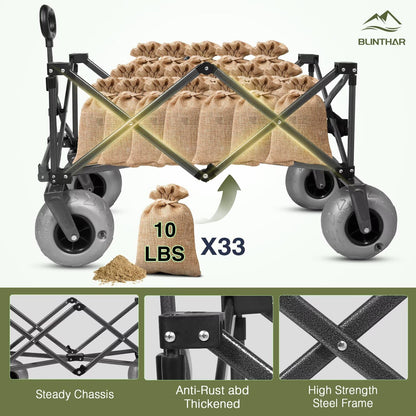 BLINTHAR Beach Wagon with Big Wheels for Sand, Heavy Duty Harder Sand Collapsible Folding Wagon with All-Terrain 9" Pneumatic Ballon Tires, Utility Wagon for Garden Sports Camping Outdoor Activities