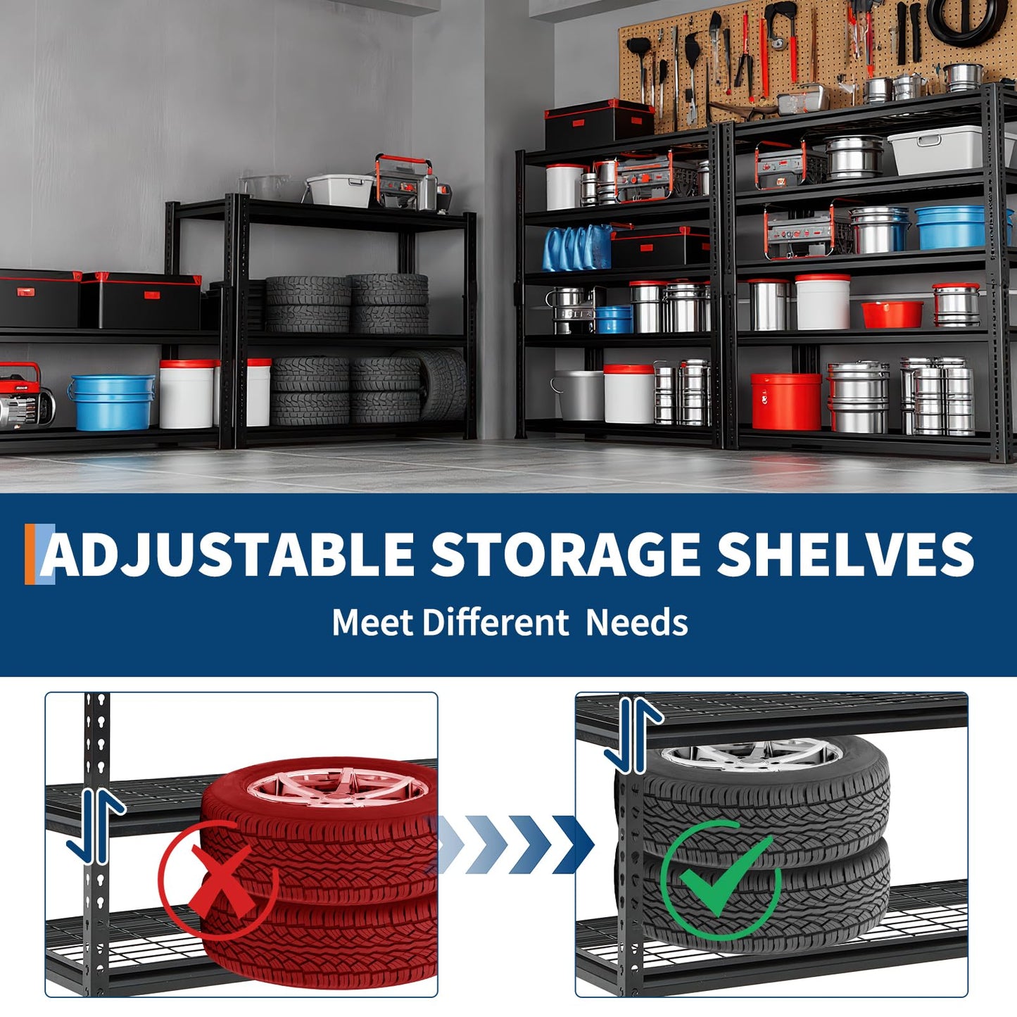 GlowSol 5 Tiers Adjustable Metal Shelf, 2200LBS Heavy Duty Storage Shelving Rack, Freestanding Utility Metal Storage Shelves for Garage, Warehouse, Industry and Basement, 48 in l x 18" w x 73" h