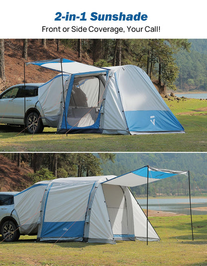 JOYTUTUS Inflatable SUV Tent with Pump 2.0, 30% More Space, Easy Set-up Car Tent for 6 Person Family Camping, Dual-Use for SUV or Ground Camping with 2 Awnings, Double Door, Fit for SUV Car Van