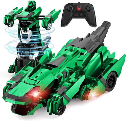 Dinosaur Transform Rc Cars 2.4Ghz Remote Control Car Transforming Robot with Flashing Light 360° Rotation One Button Deformation Car Toy Gifts for Boys Age 4-7 8-12
