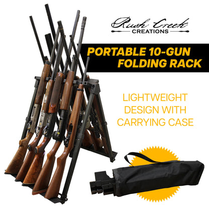 Rush Creek Creations Heavy-Duty Aluminum Gun Rack for 10 Rifles & Shotguns, 22"x32"x26.6”, Foldable Portable Stand, Black