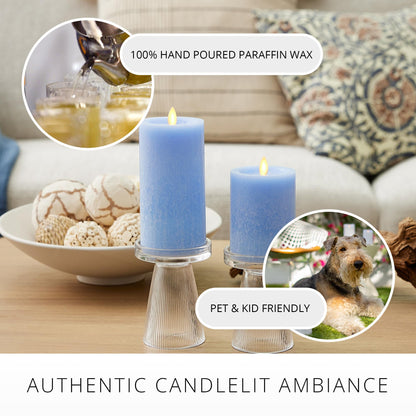 Luminara Sea Glass Flameless Candle, Cornflower 3" x 6.5", Moving LED Flame Pillar with Timer, Battery Operated, Real Wax, Unscented Home Décor