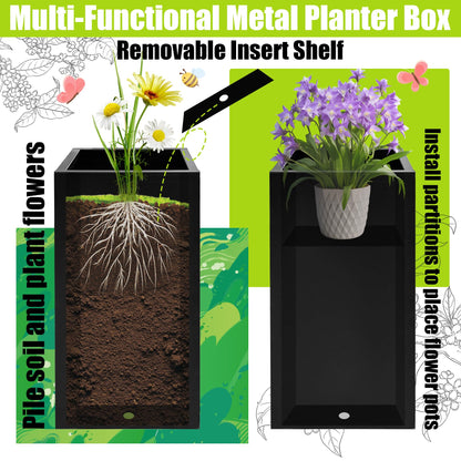 Fsehyue Metal Planter Box 14" x 14" x 30" Large Rectangular Planter Heavy Duty Galvanized Steel Tall Plant Boxes with Insert Shelf and Drainage Holes for Outdoor Patio Yard Garden Porch Terrace