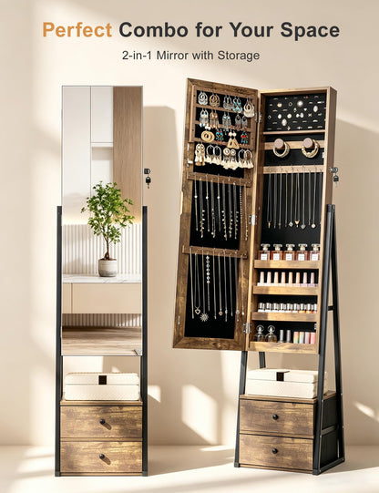 Nicetree Jewelry Cabinet,Standing Jewelry Mirror with Storage, Mirror Jewelry Armoire with 2 Drawers, Full Length Mirror with Lock, Shelf, Polishing Cloth,Wood Grain Brown