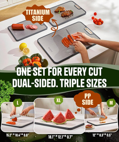 **Titanium Cutting Board Set of 3 - Dual-Sided Non-Toxic Design for Hygienic Food Prep | Extra Large (M/L/XL)**