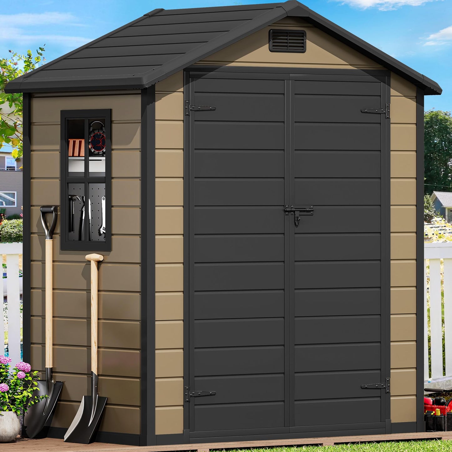 DWVO 6x4 FT Storage Shed Plastic, Outdoor Storage Shed with Lockable Door, Window and Vents, Waterproof Tool Storage for Garden, Backyard, Patio, Lawn, Brown