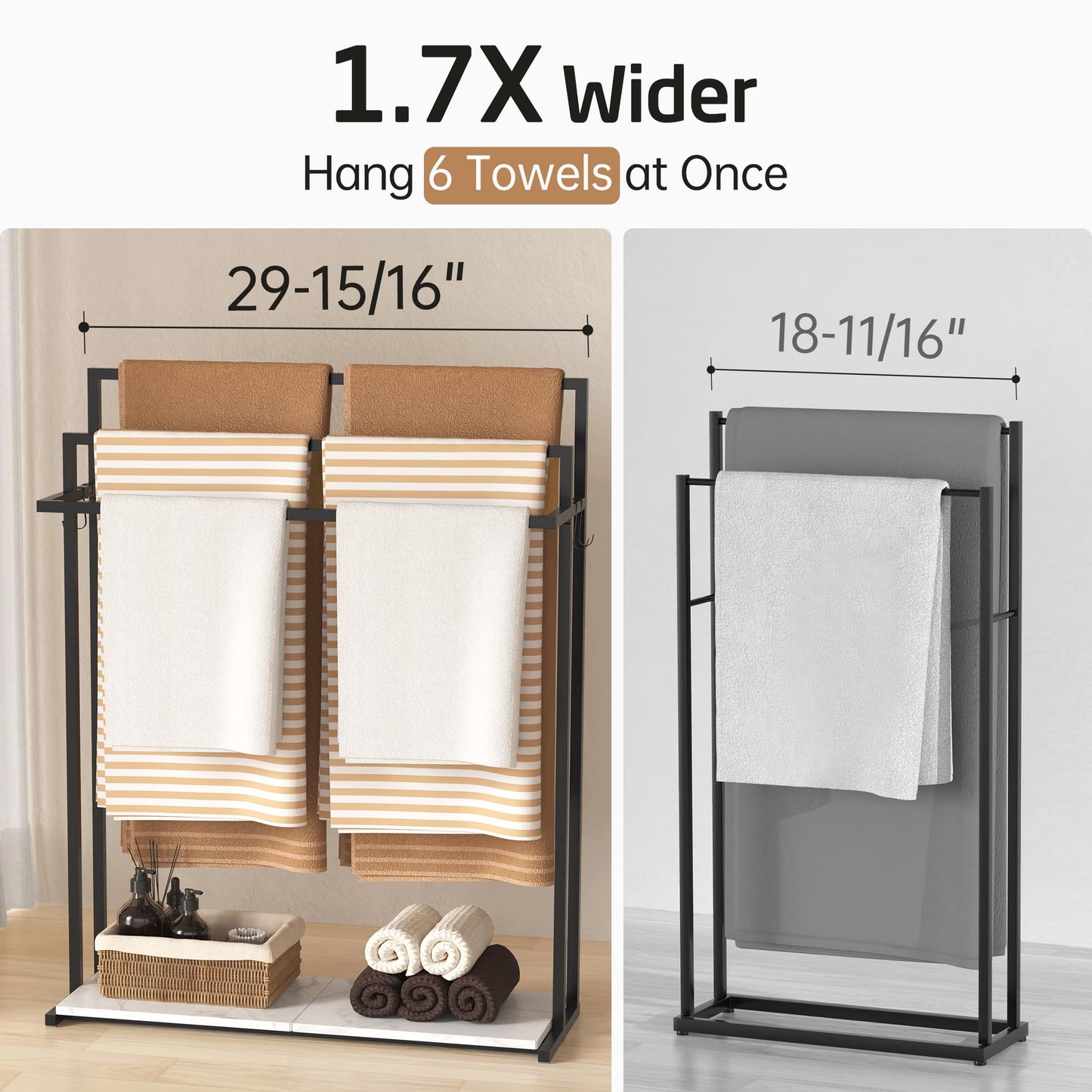 KES Extra Large Free Standing Towel Racks for Bathroom with Anti Wobble Base, 44 Inch Blanket Rack, 3-Tier Blanket Holder for Living Room with Weighted Marble Shelf & 4 Hooks, Matte Black, BTH504-BK
