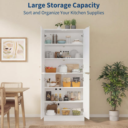 Garvee Kitchen Pantry Cabinet, 68'' Pantry Storage Cabinet with 4 Doors and 4 Adjustable Shelves, Wooden Freestanding Cupboard for Kitchen, Dining Room and Living Room and Bedroom, White
