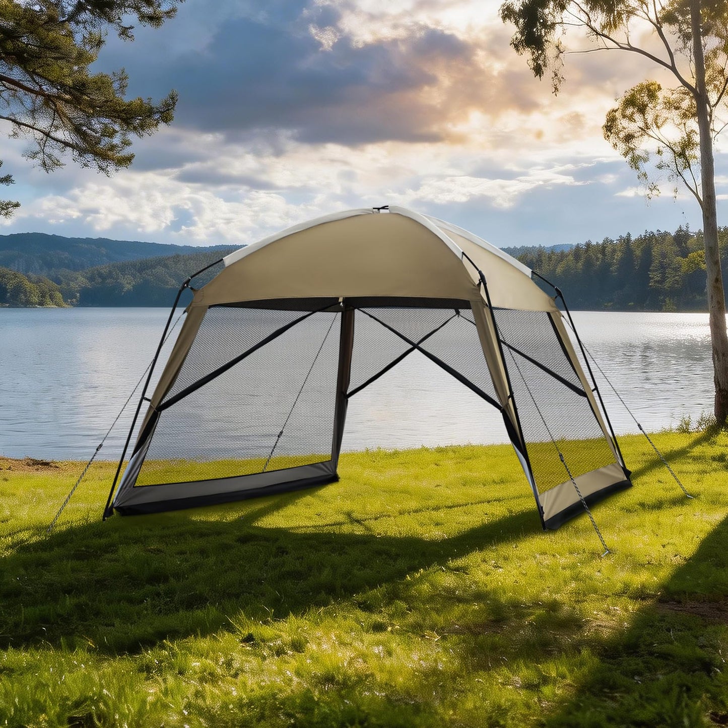 Superrella 12 x 12 FT Camping Screen Tent for 8-10 Person, Easy Setup Screen House with UV 50+ Sun Protection & Mosquito Net for Camping, Backyard, Picnic, Patio, Outdoor, Kakhi