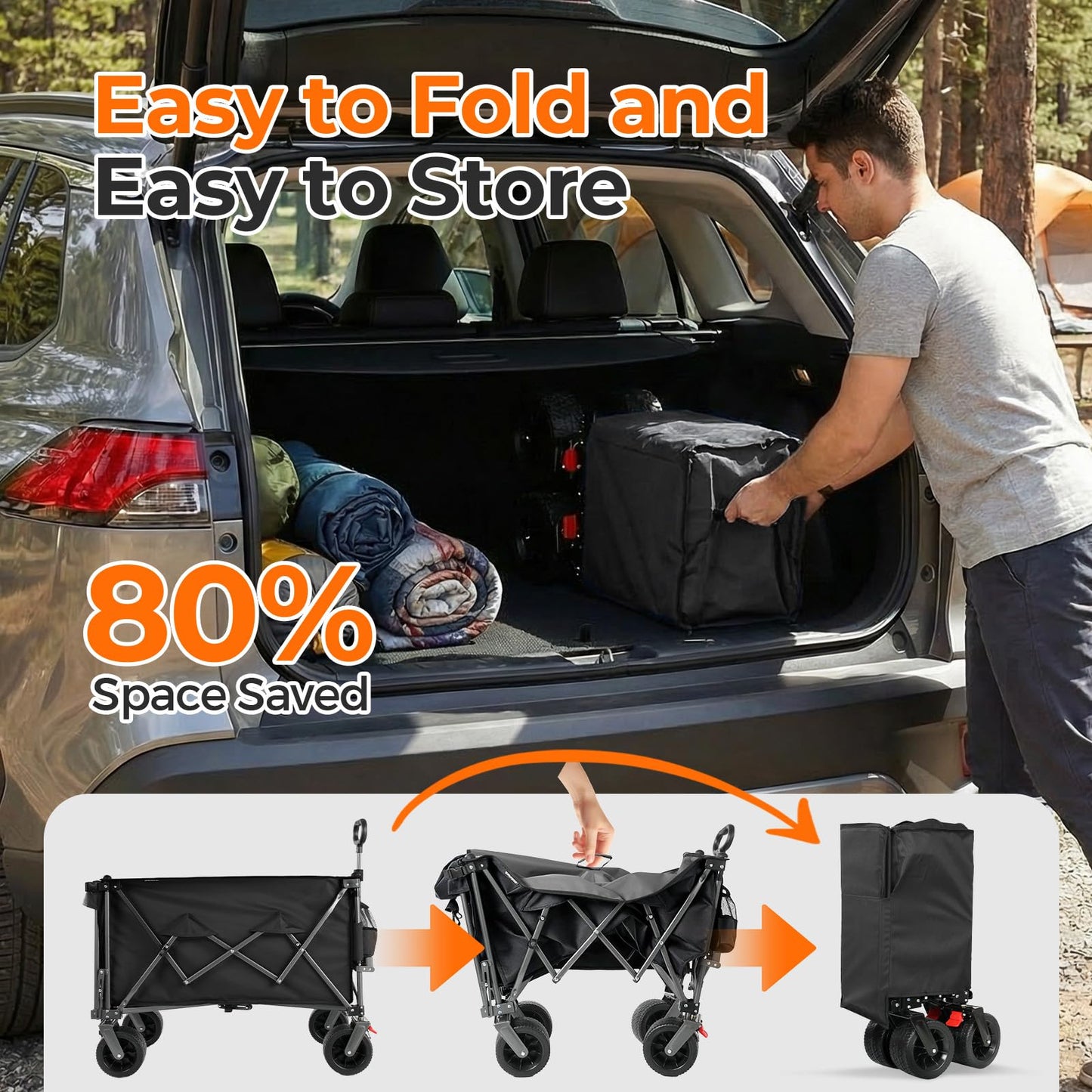 Aimnny 55" Collapsible Wagon with Tailgate & Brakes - 500LBS Heavy Duty Multi-Terrain Cart, 300L Foldable Utility Wagon with Cup Holders & Side Pockets for Beach Sand Camping Sports Shopping (Black)