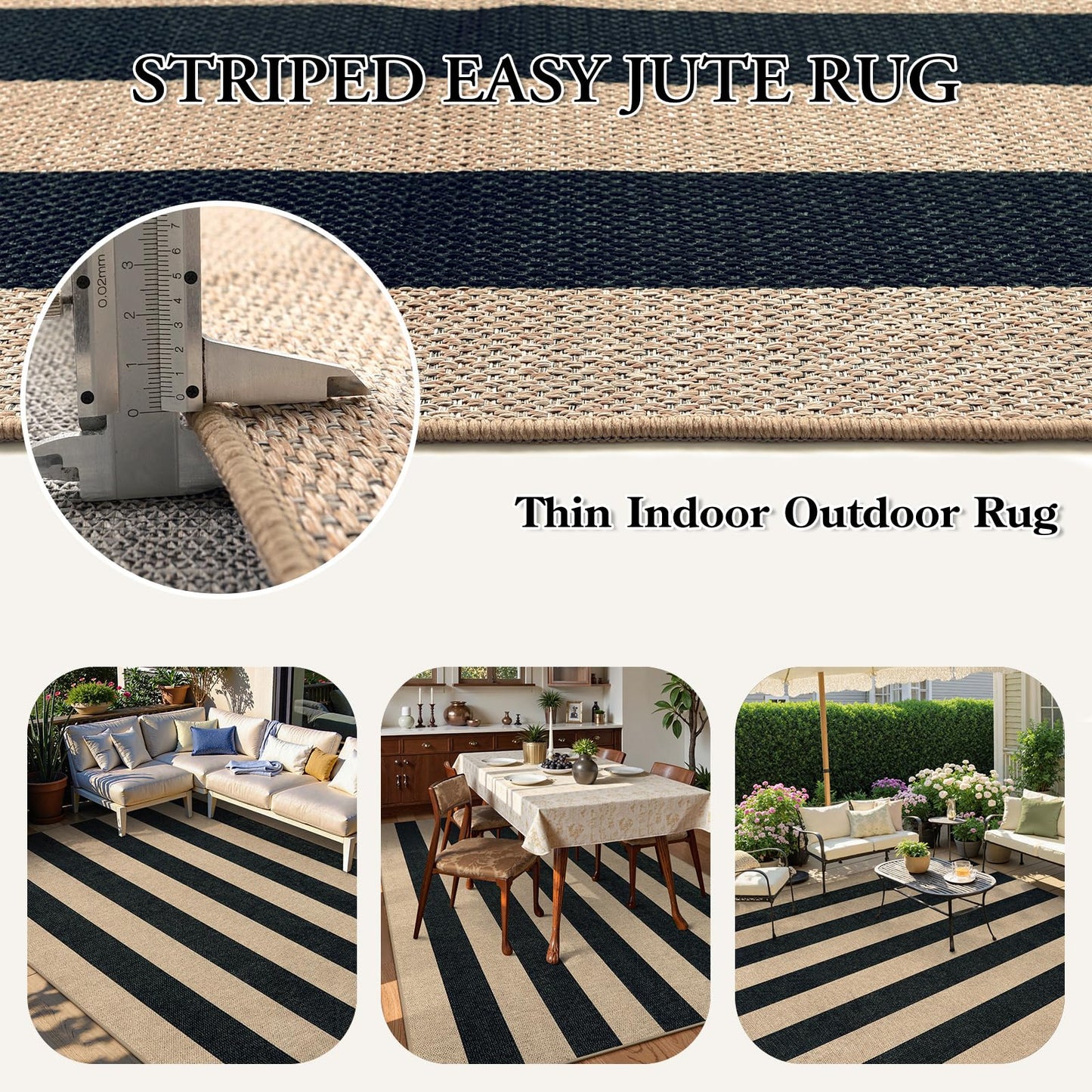 Lahome Elance Striped Easy Jute Dining Room Rug, 6x9 Indoor Outdoor Rugs for Patio Living Room, Farmhouse Neutral Non Slip Low Pile Black Carpet for Bedroom Office Backyard Classroom