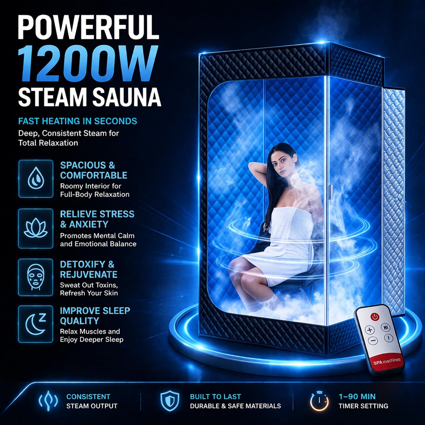 Sauba Portable Steam Sauna for Home,at Home spa,Relaxation,hot Tent,Personal Steam Room,Sauna Box,Home Sauna,Folding Chair,Remote Control,9 Levels (Quilted)