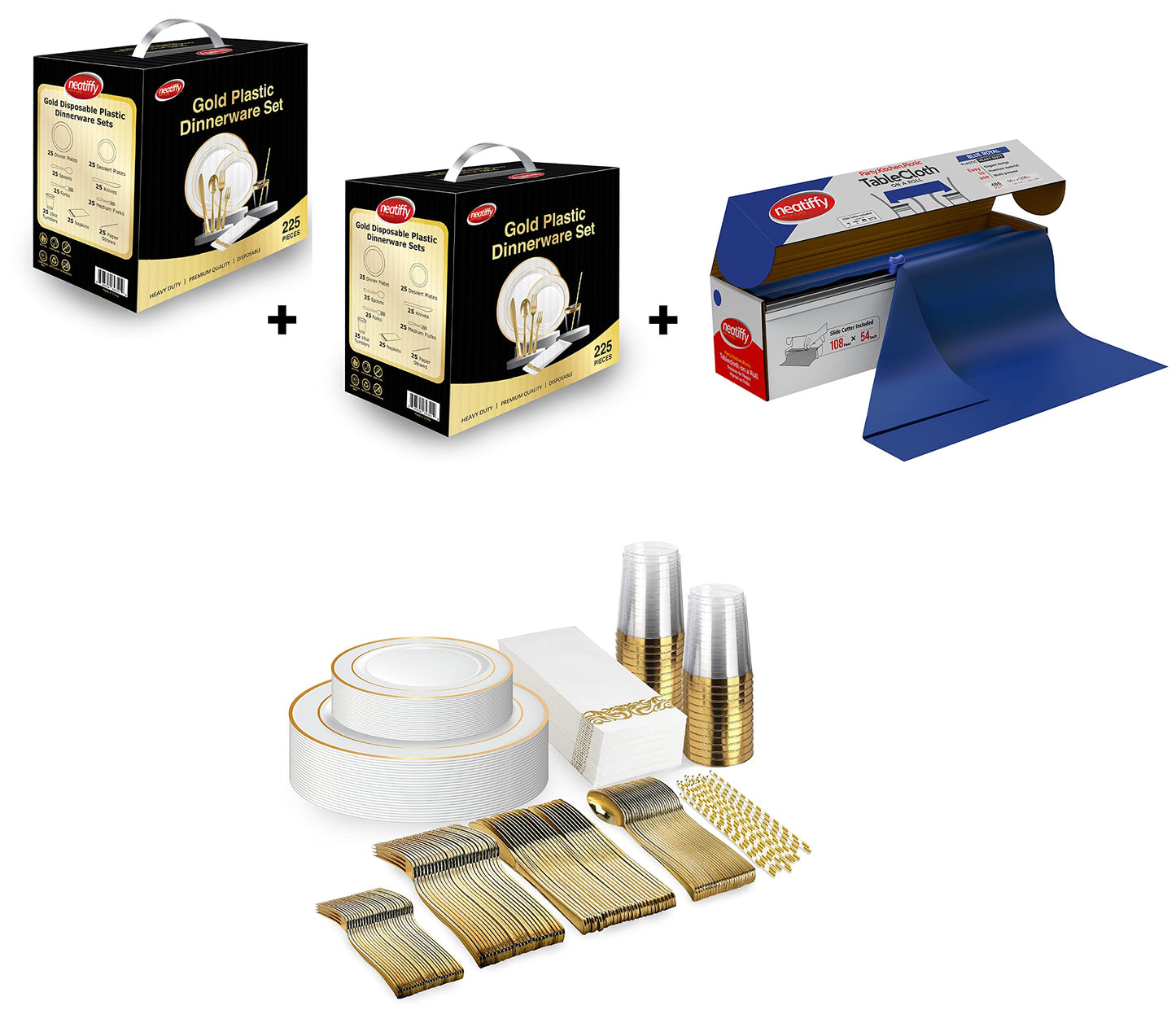 Two Sets of 225 Pcs Gold Rim Disposable Plastic Dinnerware + Plastic Table Cloth Roll | 54 in x 108 Ft Waterproof Table Cover for Wedding, Luxurious Party (Total of 50 Guest)