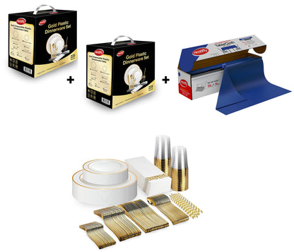 Two Sets of 225 Pcs Gold Rim Disposable Plastic Dinnerware + Plastic Table Cloth Roll | 54 in x 108 Ft Waterproof Table Cover for Wedding, Luxurious Party (Total of 50 Guest)
