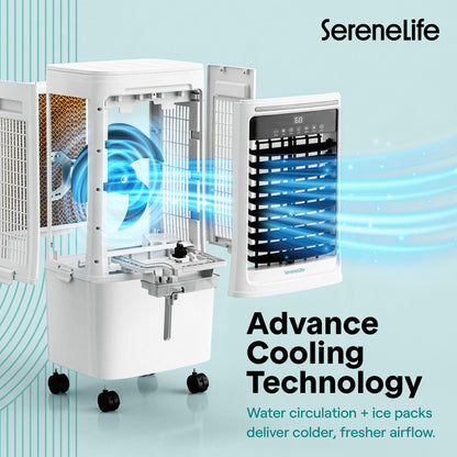 SereneLife Tower Fan, Smart Stand Up Bladeless Tower Fan with WiFi and Remote Control, 1700 CFM High Velocity Output, 25 Liter Detachable Water Tank, Boosted AC Flow with 4 Ice Packs Included