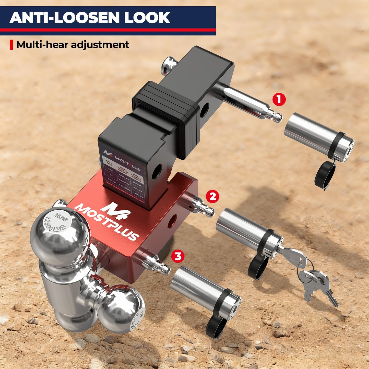 MOSTPLUS Aluminum Trailer Hitch, 2.5 Inch Receiver, Dual Ball Mount with 2" & 2-5/16" & 1-7/8" Balls, 3,500-18,500 LBS GTW, 48" Adjustable Height Heavy Duty Towing Hitch for Most Truck & SUV