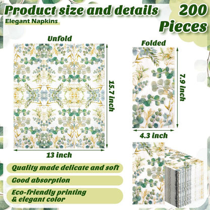Spiareal 120 Pcs Greenery Paper Napkins 3 Ply Disposable Hand Towels for Bathroom Green Eucalyptus Leaf Guest Decorative Dinner Napkin for Bridal Baby Shower Wedding Birthday Spring Party