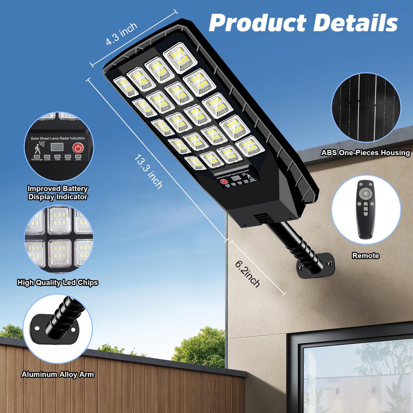 6 Pack Solar Street Lights Outdoor Waterproof, 6500K 20000LM Wide Angle Solar Powered Flood Light with Motion Sensor & Remote Control,Dusk to Dawn Commercial Solar Outdoor Light for Parking Lot