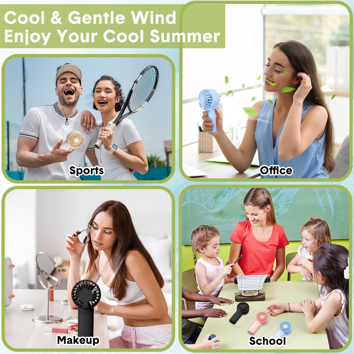 Rossesay 60 Pcs Mini Portable Fan Small Handheld Battery Operated Portable Personal Fans for Summer Travel Beach Indoor Outdoor Cooling Gift(Green, Pink, White, Blue, Black, Purple)
