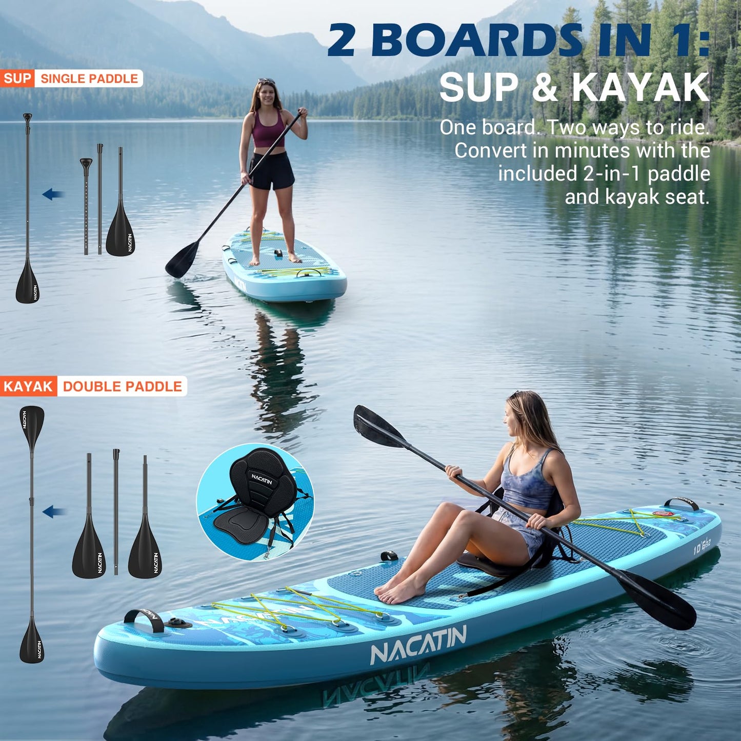 NACATIN Inflatable Stand Up Paddle Board for All Skill Levels, 10'6'' SUP Board for Adults with Non-Slip Deck, Full SUP Accessories & Kayak Seat, Great Stability for Lake, Ocean, Yoga & Fishing