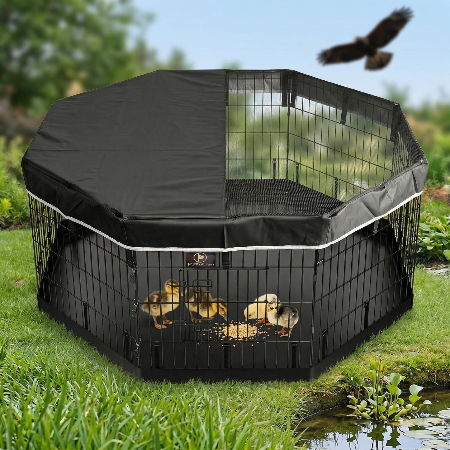 PJYuCien Octagonal Dog Playpen with Top Cover and Bottom Pad - Metal Foldable Exercise Pen, 8 Panels 24" H x 24" W Indoor Outdoor Pet Fence Puppy Crate Kennel, Black