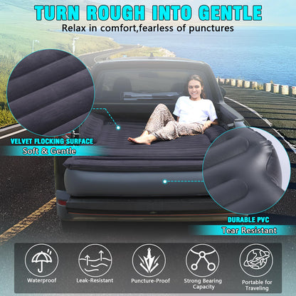 JESTMOTOR Camping Pickup Truck Bed Air Mattress, 5.5-6.5FT Full Size Thickened Self Inflating Outdoor Truck Bed Mattress, with Built-in USB Rechargeable Pump and 2 Pillows (84"x57"x10")