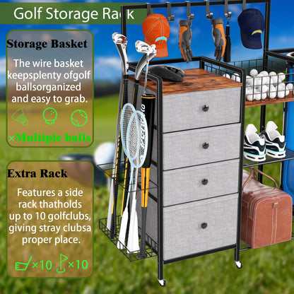 DALEMHOME Golf Bag Storage Rack for Garage, Extra Large 70.07" Golf Organizer Fits 3 Golf Bags, Heavy Duty Metal Golf Equipment Storage Stand with 4 Drawers, Side Basket and Lockable Casters