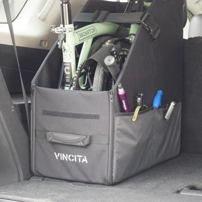Vincita Keeper Box 2.0 for Folding Bike – Vertical Car Trunk Storage Organizer – Anti-Slip Transport Case with Security Buckle & Side Pockets – Protects Car Interior