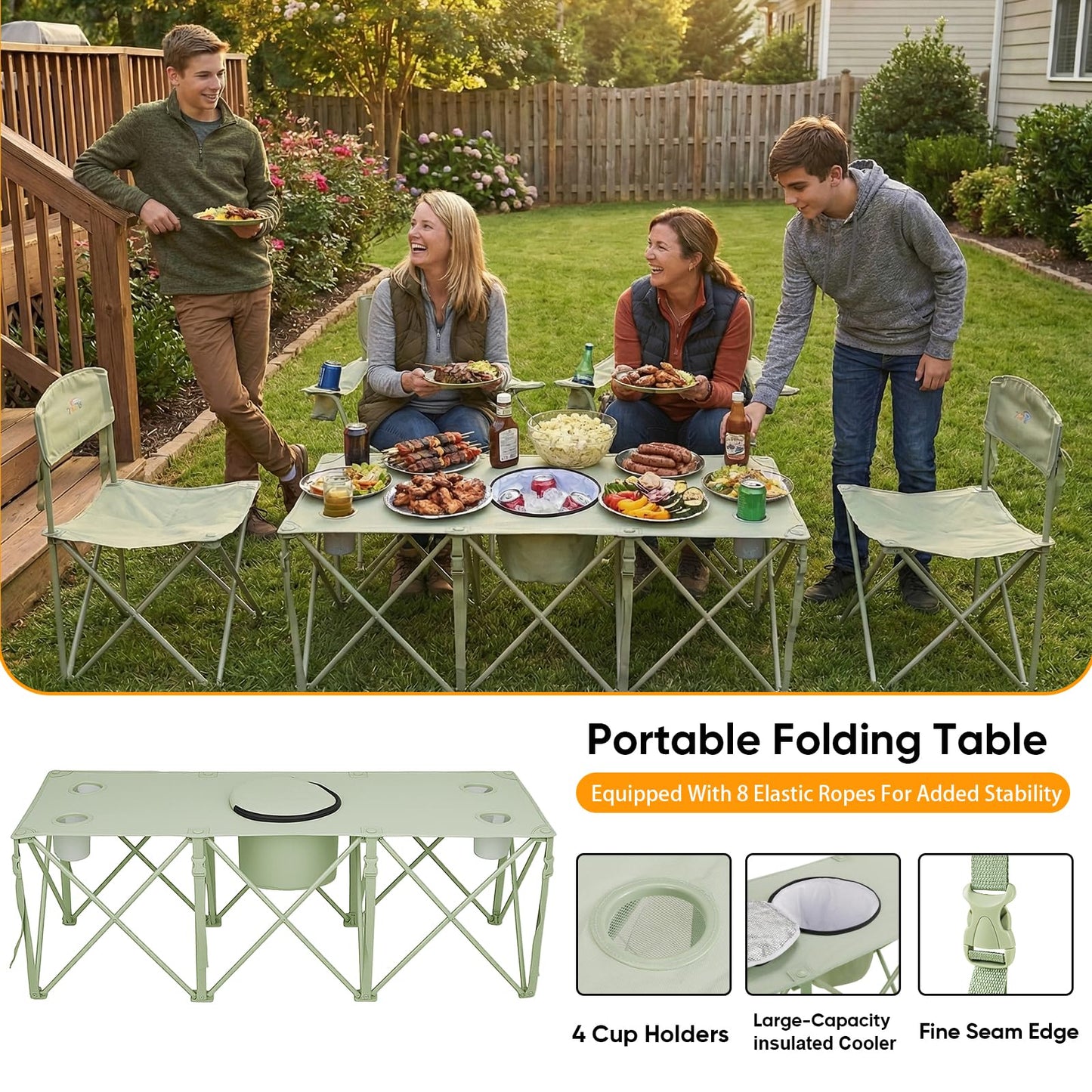 5 Pcs Camping Chair and Folding Camping Table Set, Outdoor Folding Picnic Chairs Lawn Portable Camp Table with Cooler Bag & Cup Holder for Camping, Fishing, Sporting Events, Support 500lbs, Green