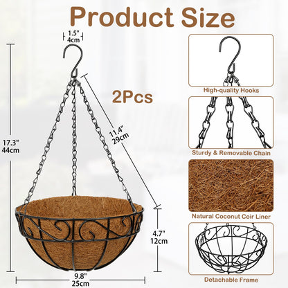 Nature Crafted 2 Pack 10 inch Metal Hanging Baskets for Plants, Round Metal Wire Hanging Basket Planter with Coco Fiber Liners Chain for Garden Home Porch Patio, Flower Border