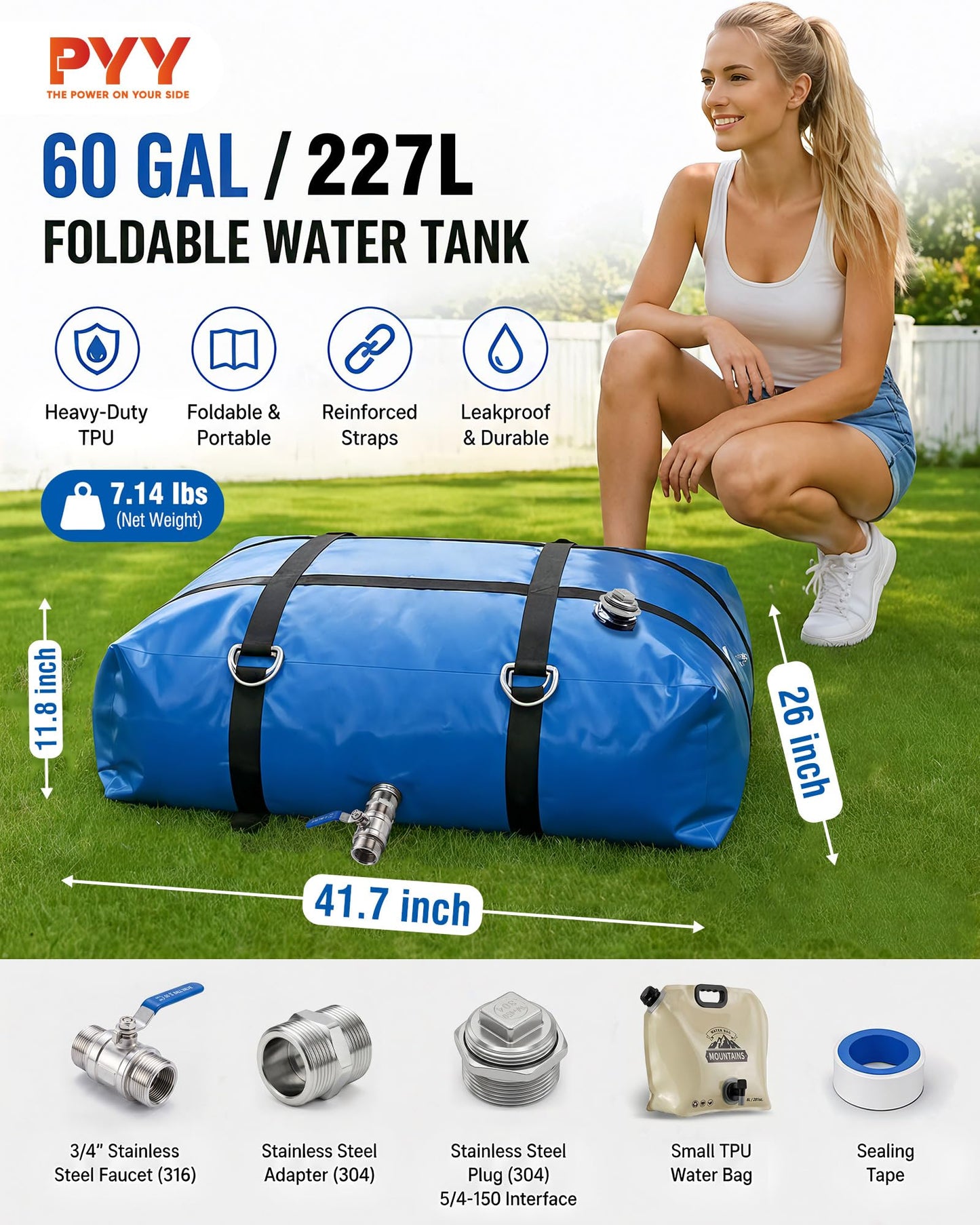 PYY Water Storage Bladder - 60 Gallon TPU Portable Fresh Water Tank with Strap, Food Grade Collapsible Flexible Container with Spigot for Daily Use Water, Camping, Irrigation & Emergency Storage