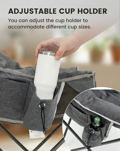 Upgrade Oversized Padded Comfy Camping Chair with Removable Leg Rest,Adjustable Cup Holder,Built-in Comfy Foam Armrest Supports,Heavy Duty Outdoor Round Folding Chair for Camping, Carry Bag, Gray