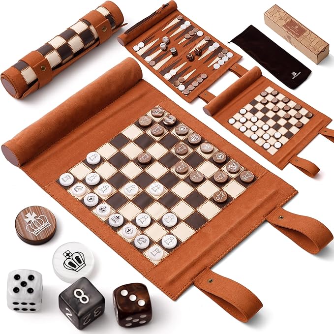 Woodronic 3 in 1 Travel Chess Backgammon Checkers Set Roll-up Leather Backgammon Set with 32 Premium Pearl Pieces and 5 Dices Portable Travel Chess Board Game Set for Adult13x10 Kinch