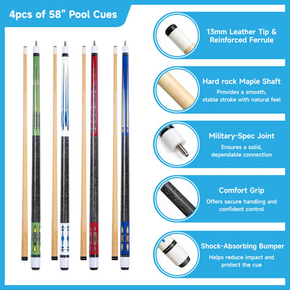 Empire USA - Pool Table Accessories Set 32 Piece, Billiard Kit with Cue Sticks, Ball Set, Triangle Rack & Cue Rack, Complete Pool Table Accessories Kit for Home Game Room