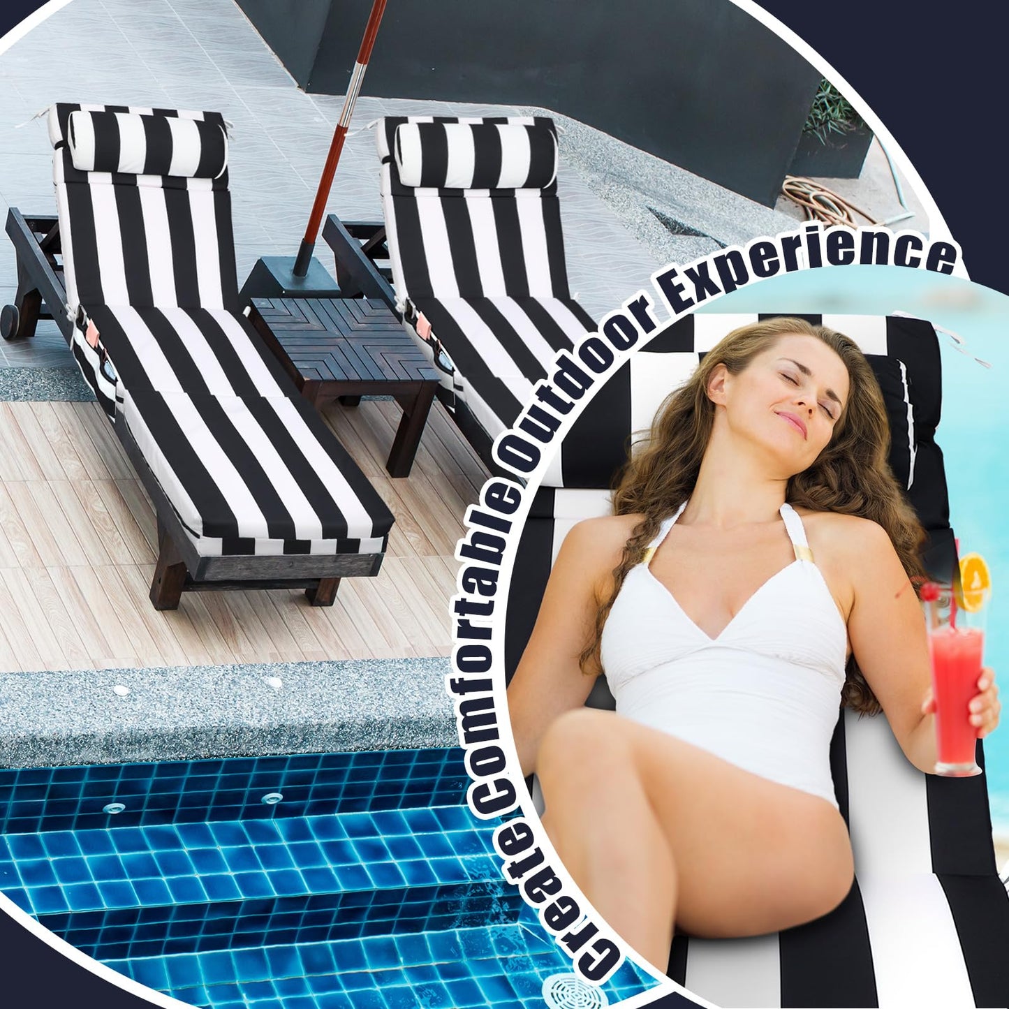 Wenqik 2 Pcs Outdoor Chaise Lounge Cushion with Pillow and Side Pocket Waterproof Lounge Chair Cushions with Pocket on Back 72 x 21 x 4 Inch Patio Replacement Pad for Pool Furniture(Black and White)