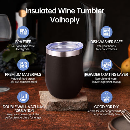 Volhoply 12oz Stainless Steel Wine Tumbler with Lid Bulk 24 Pack,Double Wall Vacuum Stemless Wine Glasses,Reusable Metal Travel Coffee Mug with Straw,Insulated Cups Gifts for Christmas（Black,24 Set）