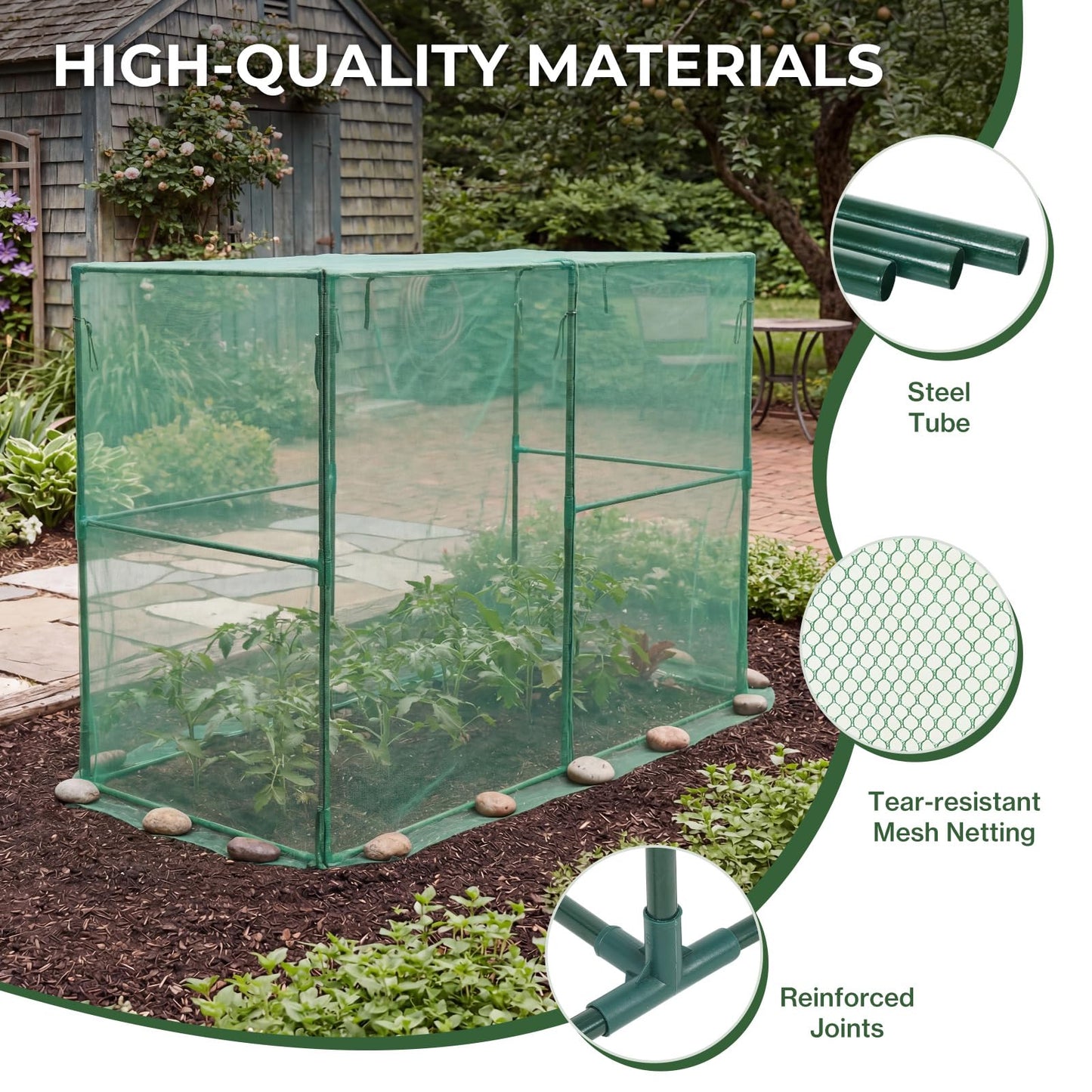 Aoodor 8x4x6 FT Crop Cage, Plant Protection Tent with Heavy Duty Steel Frame and Zippered Doors, Green Netting Cover for Garden, Lawn, Yard