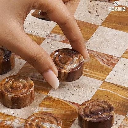 Marble Checkers Set 15 Inch Handmade Travertine &amp Brown Checkers Board Game with Checker Pieces - Board Games for Adults Game Table Accessories Gifts &amp Home Décor