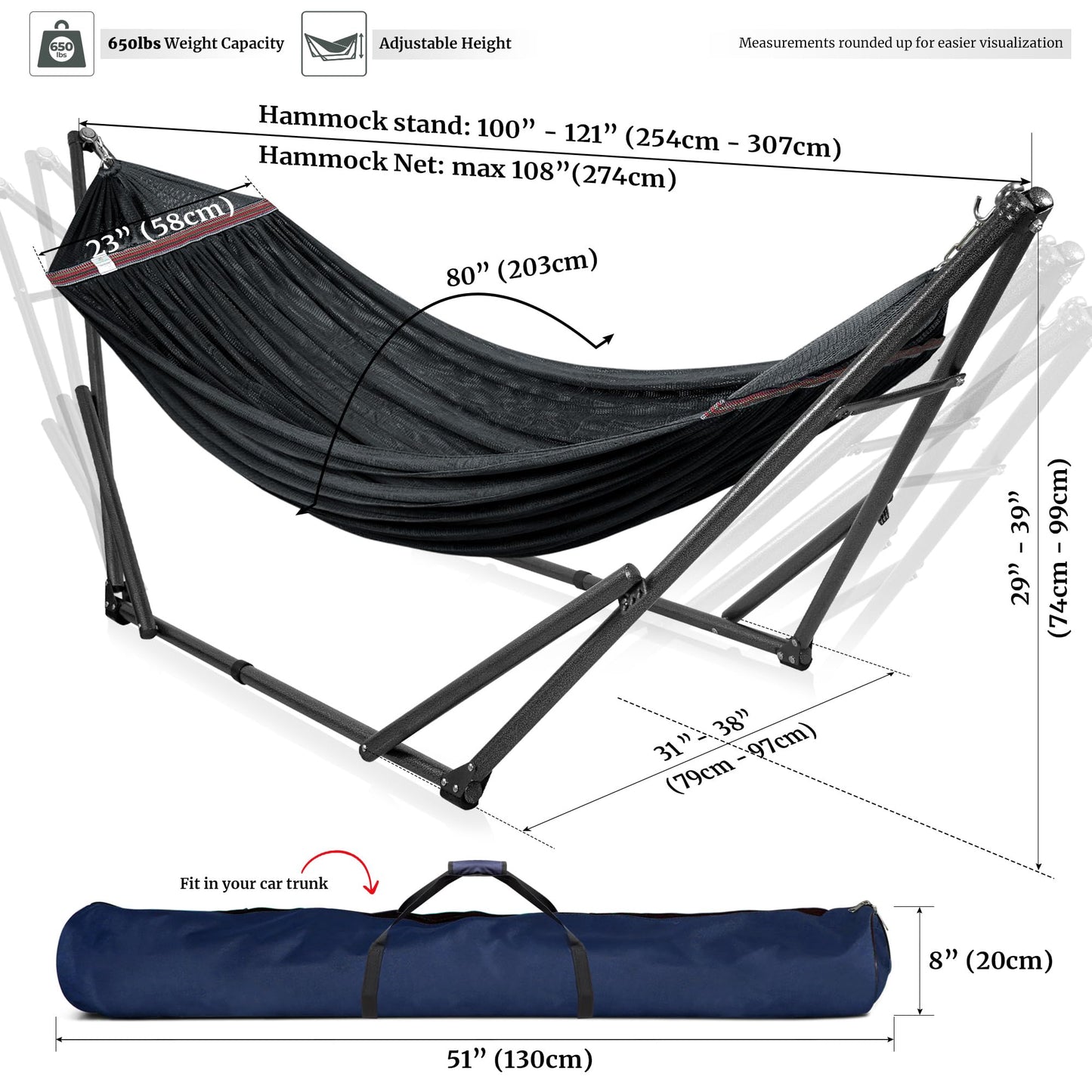Tranquillo Universal Hammock Stand 600 lbs Capacity, Instant 20s Foldable, 3-Year Warranty Hammock with Stand, 2 Person Camping Revolutionary Portable No Screws, Premium Hammocks, Black
