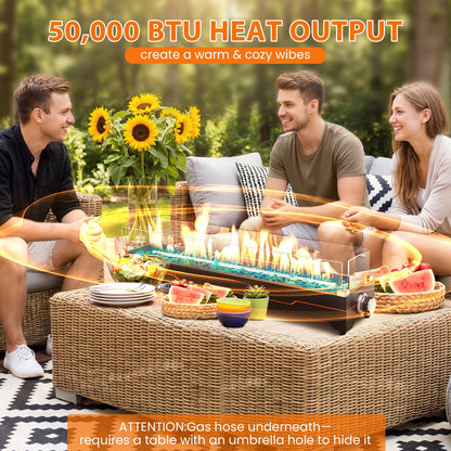 GRISUN 36" Table Top Propane Fire Pit, 50000 BTU Tabletop Gas Fire Pit, Tabletop Firepit for Patio, Outdoor Portable Fireplace, Rectangular Fire Bowl with Glass Wind Guard, Glass Beads & Cover